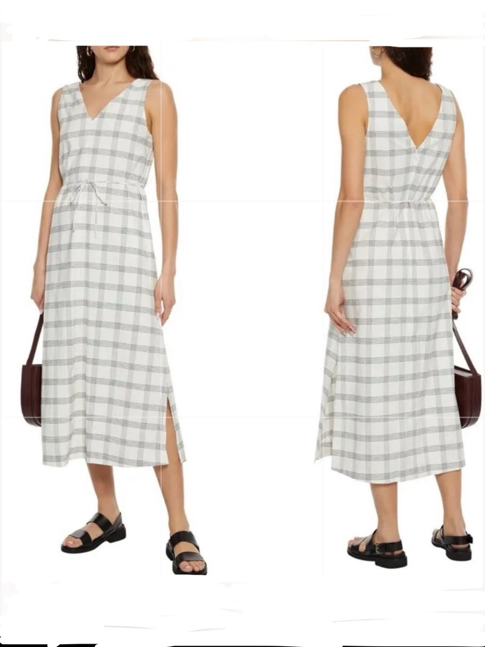 Theory Sleeveless V Neck Black & Ivory Windowpane Plaid Midi Dress